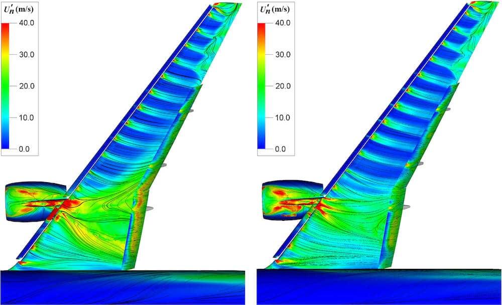 Colourmap CFD comparison of the surface flow of an aiplane wing, engine and flap