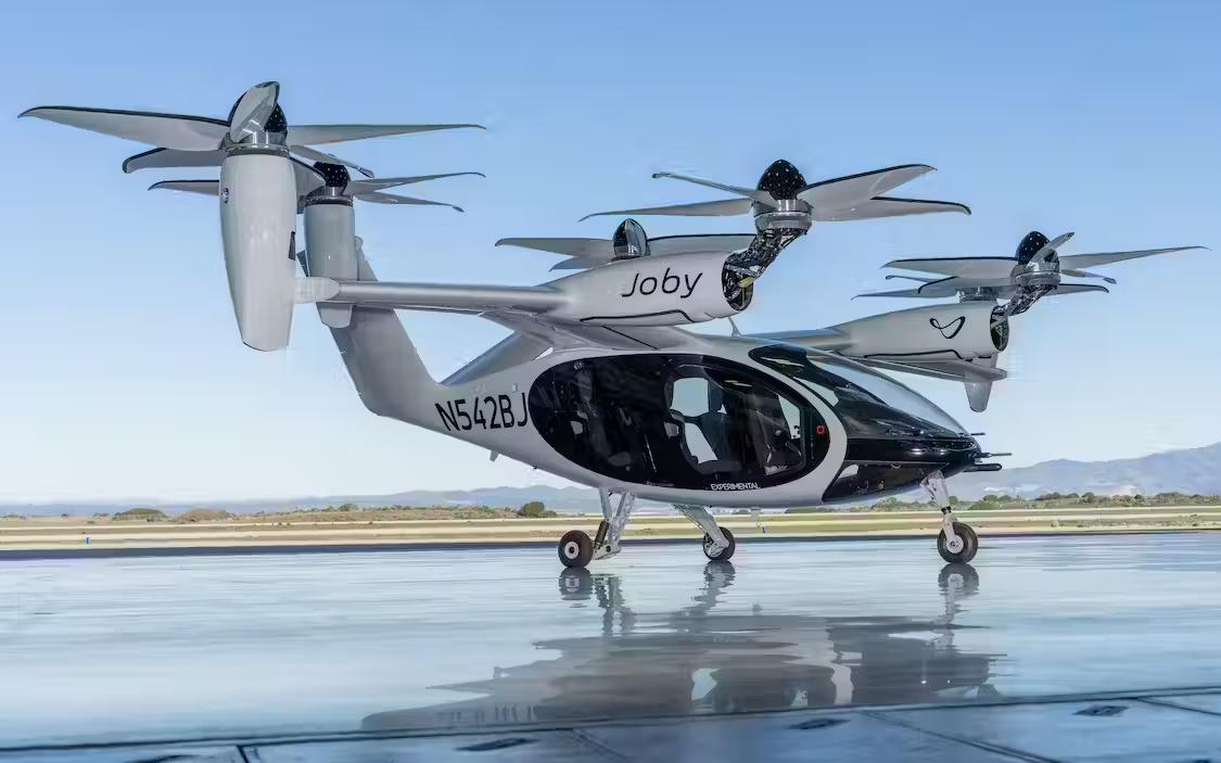 Side view of a stationery grey eVTOL from Joby Aviation