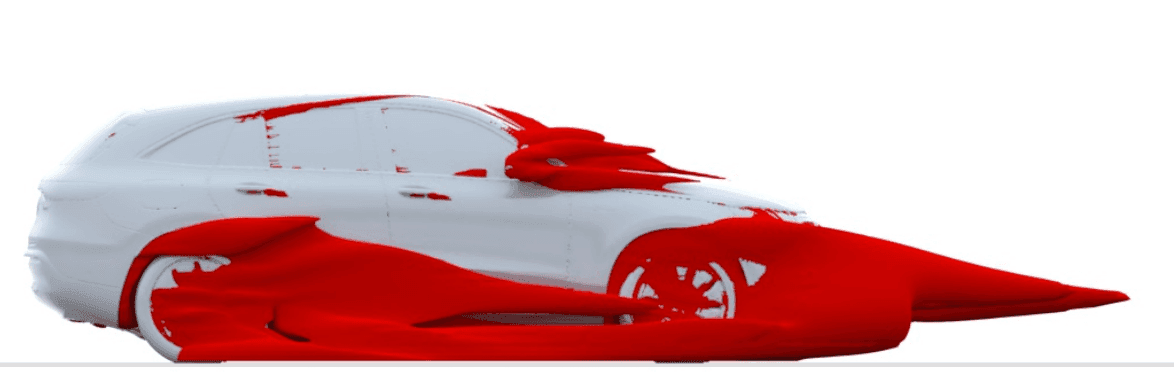 Mercedes EQC in reverse (configuration 2 - rear spoiler and wind deflector removed) - Aerodynamic Simulation by AirShaper (pressure clouds shown)