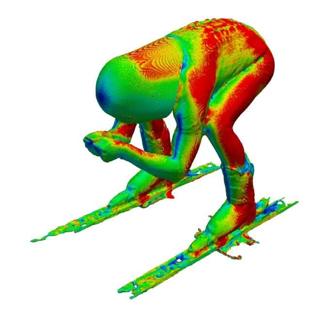Pressure distribution colour map of speed skier showing skin friction drag